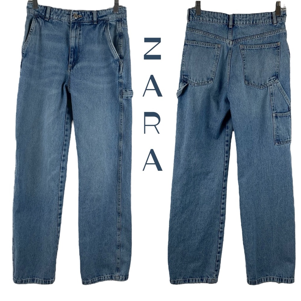 Zara Blue High Rise Straight Leg Cargo Jeans Size 4